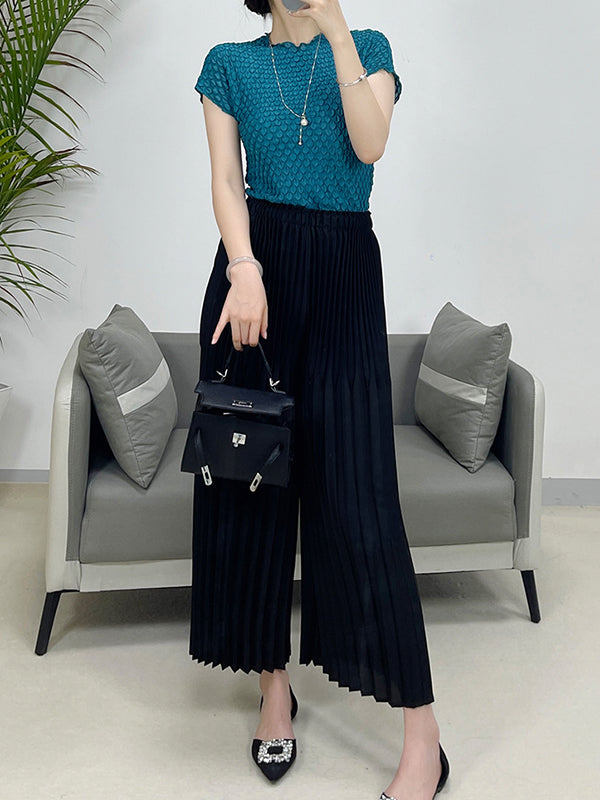 Elasticity Pleated Solid Color Split-Joint High Waisted Loose Trousers Pants