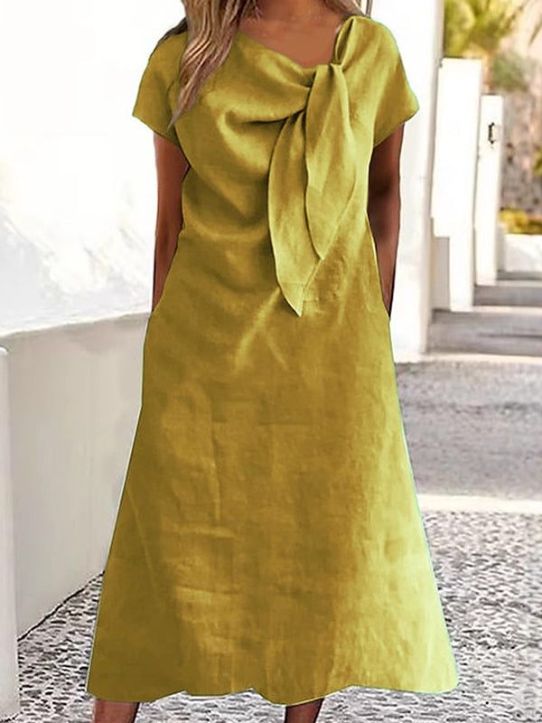 Asymmetric Solid Color Split-Joint Loose Raglan Sleeve Round-neck Midi Dresses