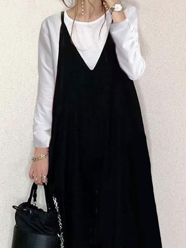 Solid Color Split-Joint Loose Sleeveless Spaghetti-Neck Overalls