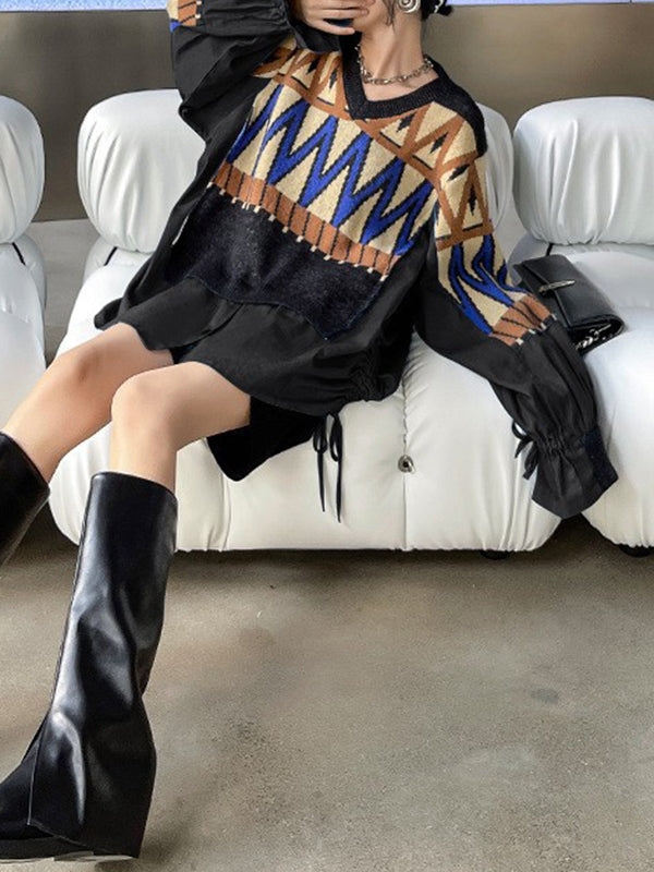 Drawstring Split-Joint False Two Long Sleeves V-Neck Sweater