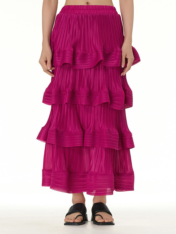 Elasticity Layered Pleated Ruffled Solid Color Loose Skirts Bottoms