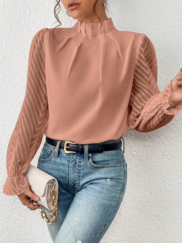 Elasticity Mesh Pleated Solid Color Long Sleeves Loose Mock Neck Blouses&Shirts Tops