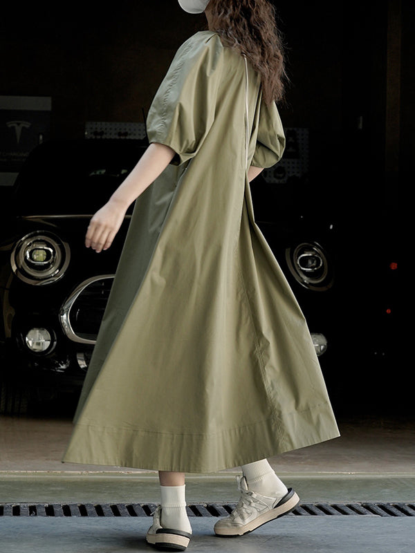 Solid Color Loose Puff Sleeves Round-Neck Midi Dresses