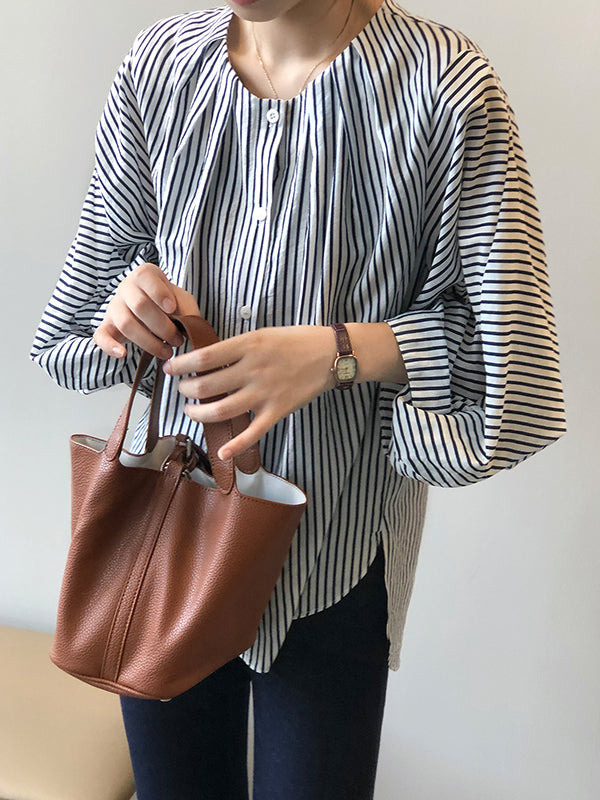Trendy Tops Three-Quarter Sleeves Batwing Sleeves Striped Round-Neck Blouses