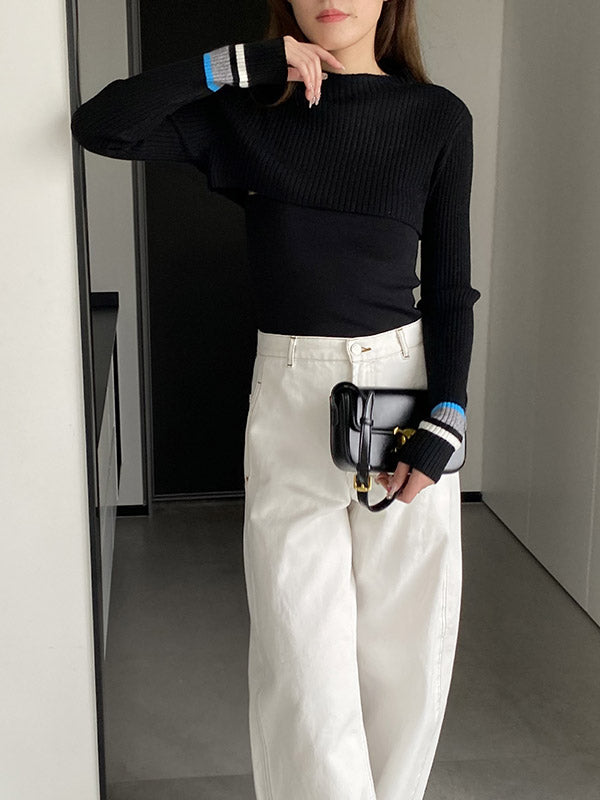 Contrast Color Long Sleeves Loose Round-Neck Two Pieces Set Cover-Ups Tops