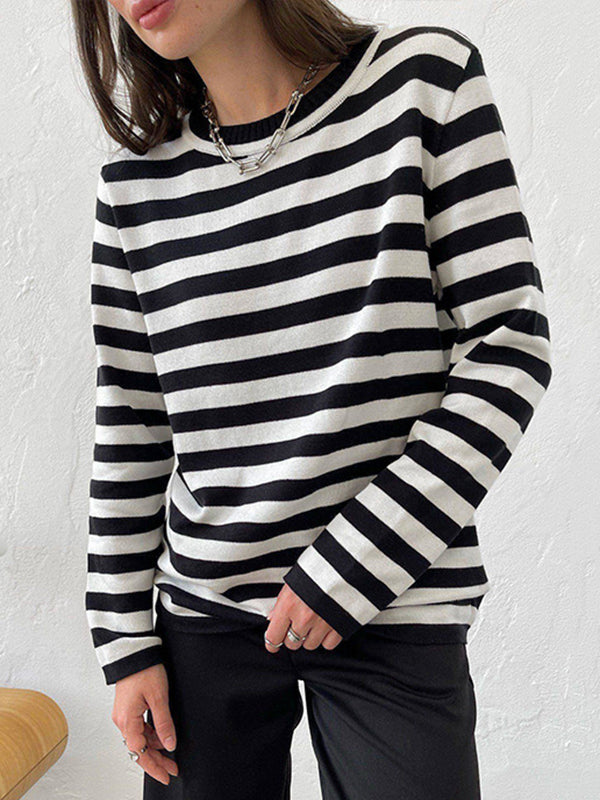 Split-Joint Striped Long Sleeves Loose Round-Neck Sweater Tops