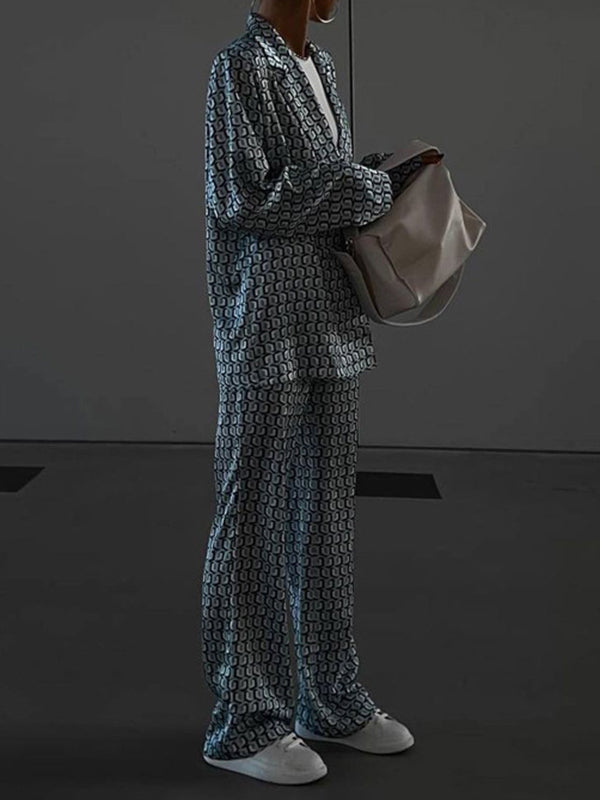 Printed Long Sleeves Lapel Outwear Top + Flared Trousers Bottom Two Pieces Set