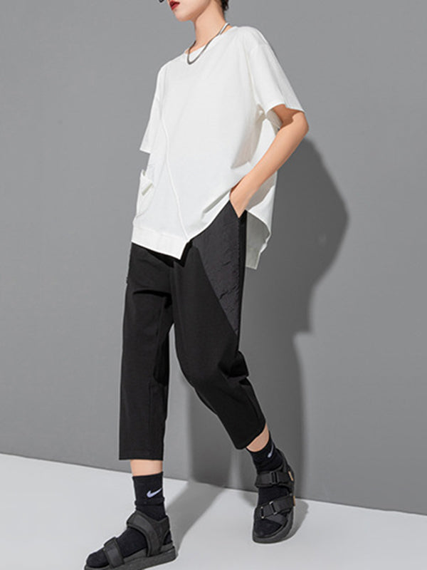 Asymmetric Solid Color Split-Joint Loose Short Sleeves Round-Neck T-Shirts Tops