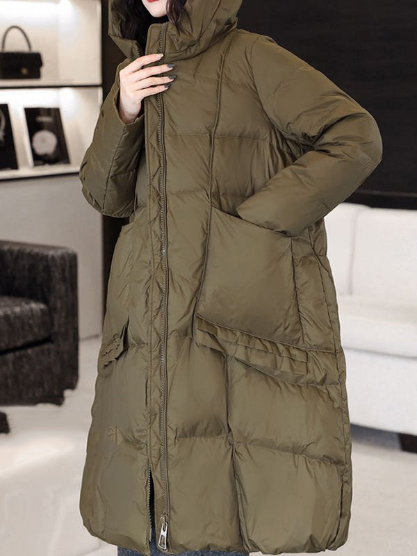 Pockets Solid Color Split-Joint Long Sleeves Loose Hooded Down Coat