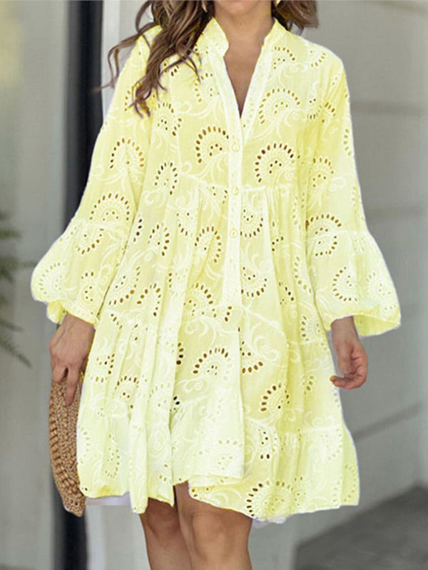 Buttoned Hollow Solid Color Split-Joint A-Line Flared Sleeves V-Neck Mini Dresses