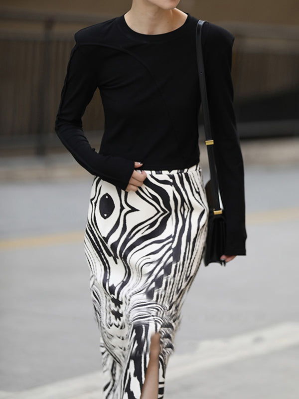 Shoulder Pad Solid Color Long Sleeves Skinny Round-Neck T-Shirts Tops