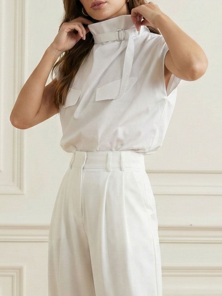 Loose Sleeveless Buckle Solid Color Stand Collar Blouses&Shirts Tops