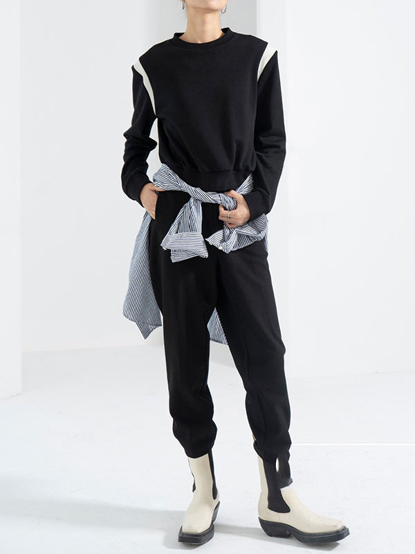 Contrast Color Long Sleeves Loose Round-Neck Sweatshirt Tops