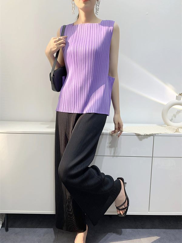 Pleated Solid Color Split-Joint Loose Sleeveless Square-Neck Vest Top