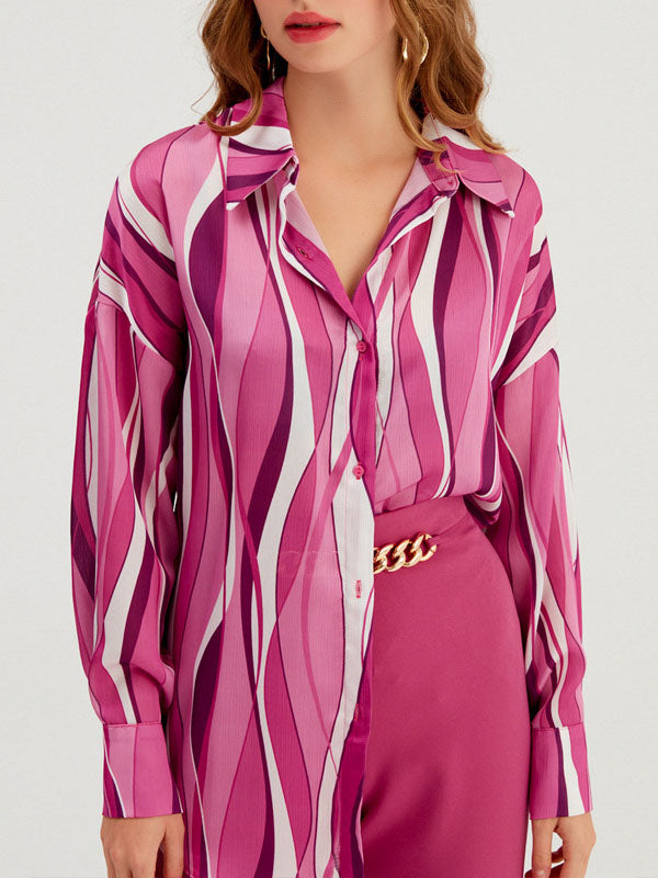 Contrast Color Striped Long Sleeves Loose Lapel Blouses