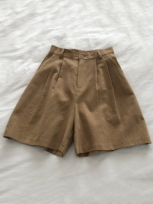 Elasticity Pleated Solid Color Loose Wide Leg Shorts