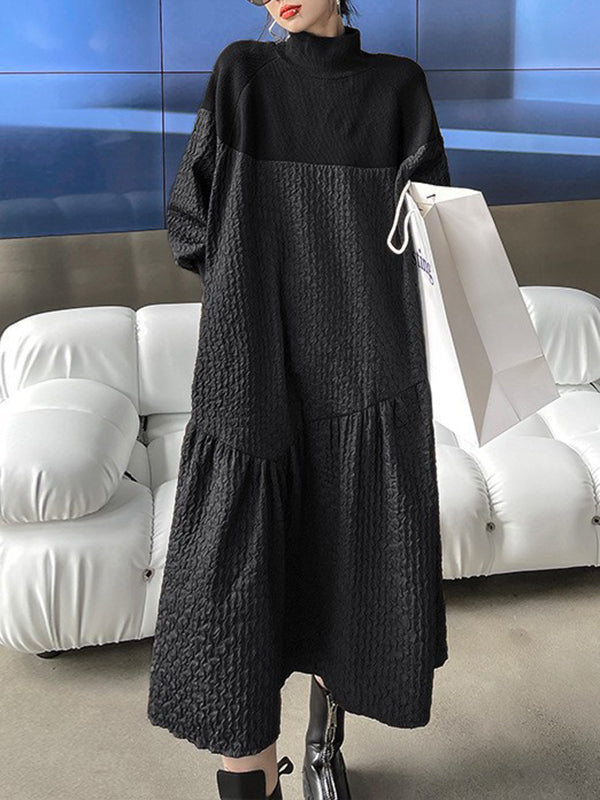 Asymmetric Solid Color Split-Joint A-Line Long Sleeves High-Neck Sweater Dresses Midi Dresses