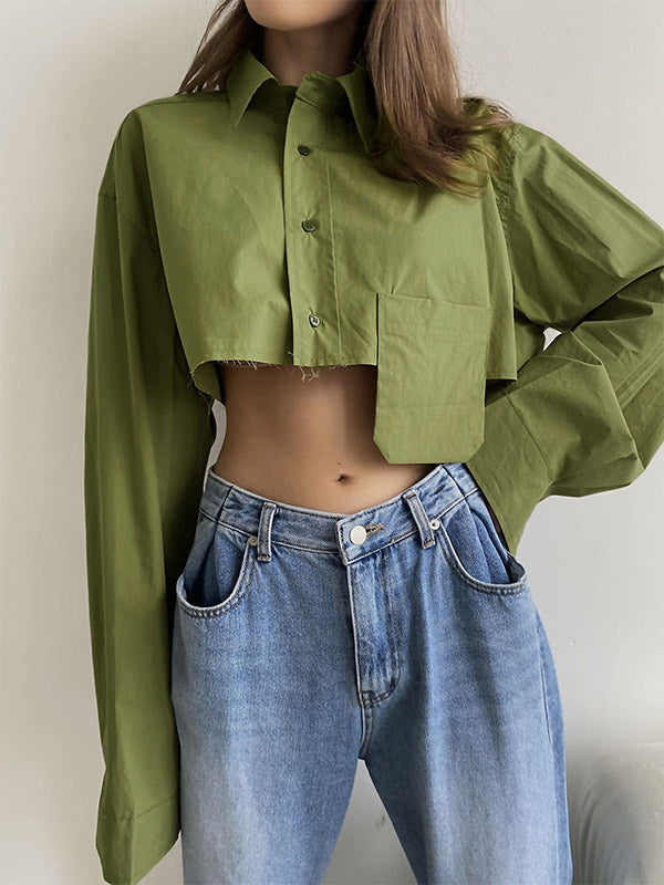 Asymmetric Buttoned Pockets Solid Color Split-Joint Long Sleeves Loose Lapel Blouses&Shirts Tops