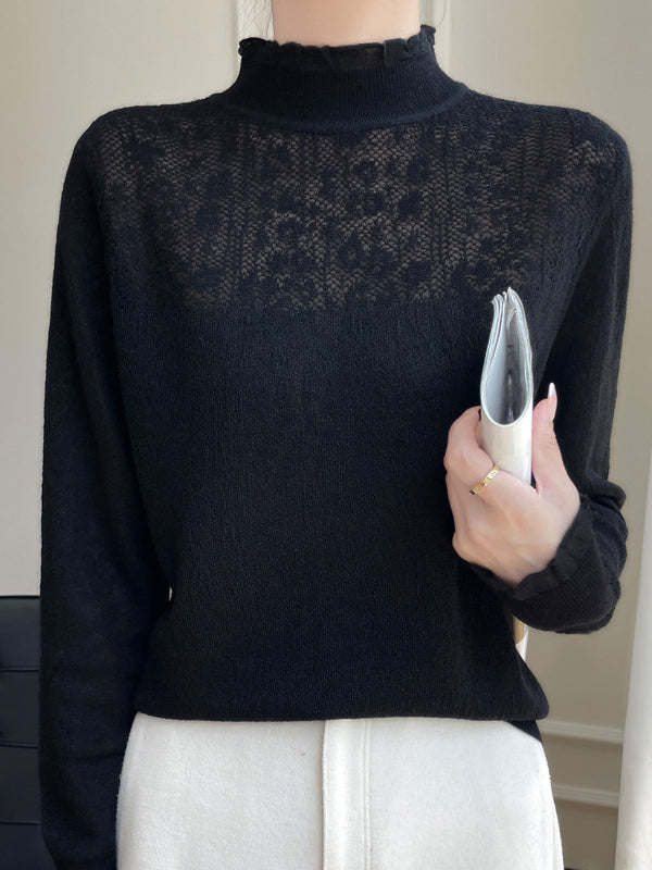 Crochet Solid Color Long Sleeves Loose Mock Neck T-Shirts Tops