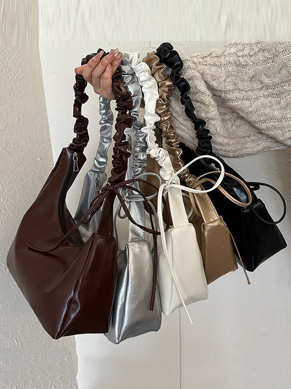 Geometric Pleated Solid Color Zipper Shoulder Bags Handbags