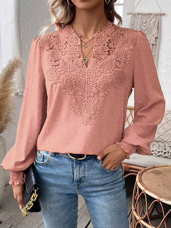 Elasticity Hollow Jacquard Solid Color Split-Joint Loose Puff Sleeves V-Neck Blouses&Shirts Tops