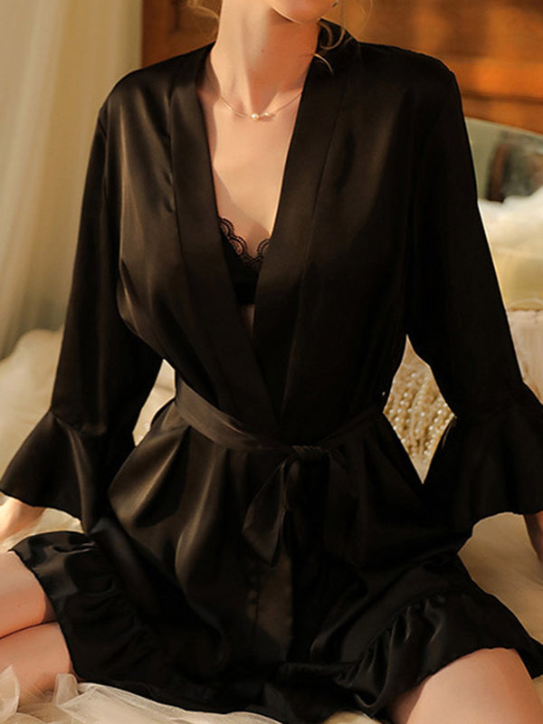 Falbala Ribbed Solid Color Loose V-neck Robes Intimates&Pajamas