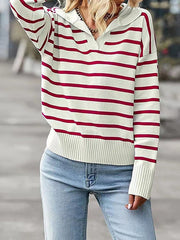 Split-Joint Striped Long Sleeves Loose Lapel Sweater Tops