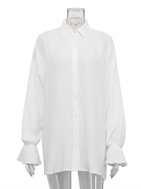 Pleated Solid Color Flared Sleeves Long Sleeves Lapel Blouses