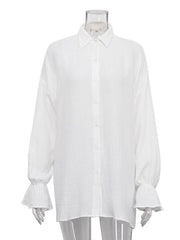 Pleated Solid Color Flared Sleeves Long Sleeves Lapel Blouses