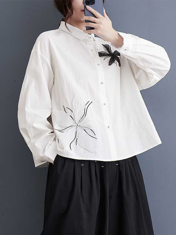 Applique Buttoned Embroidered Long Sleeves Loose Lapel Blouses&Shirts Tops