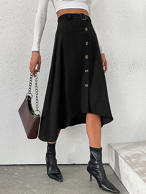 Buckle Buttoned Solid Color A-line High Waisted Skirts Bottoms