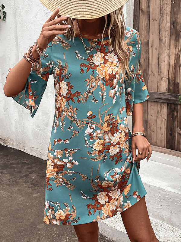 Flower Print Hollow Half Sleeves Loose Round-Neck Mini Dresses