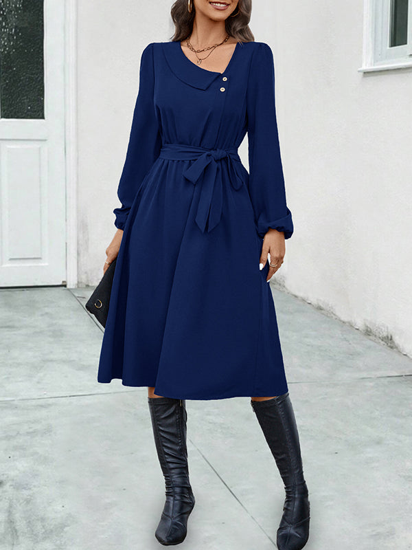 Buttoned Solid Color Tied Waist A-Line Long Sleeves Asymmetric Collar Midi Dresses