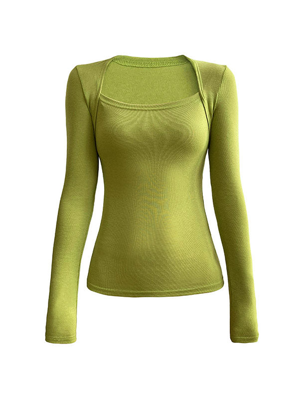 Solid Color Long Sleeves Skinny Square-neck T-Shirts Tops