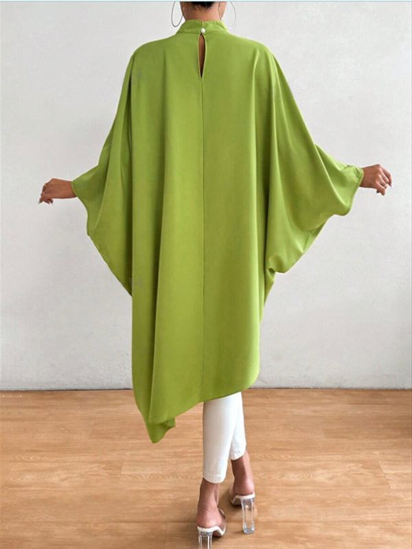 Asymmetric Solid Color Split-Joint Batwing Sleeves Loose High Neck Shirts Tops
