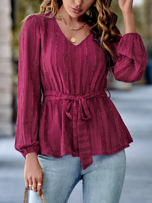 Elasticity Solid Color Tied Waist Long Sleeves Loose V-Neck T-Shirts Tops