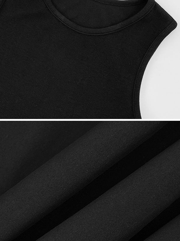 Pleated Pockets Solid Color Split-Joint High Waisted Sleeveless Round-Neck Midi Dresses