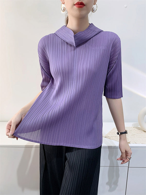 Pleated Solid Color Half Sleeves Hooded Mock Neck T-Shirts Tops