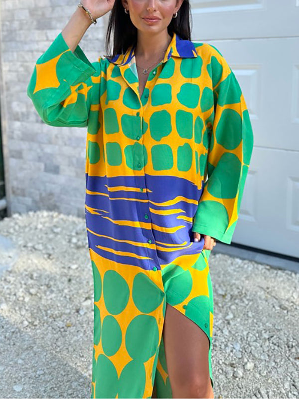 Buttoned Printed Long Sleeves Loose Lapel Shirt Dress Maxi Dresses