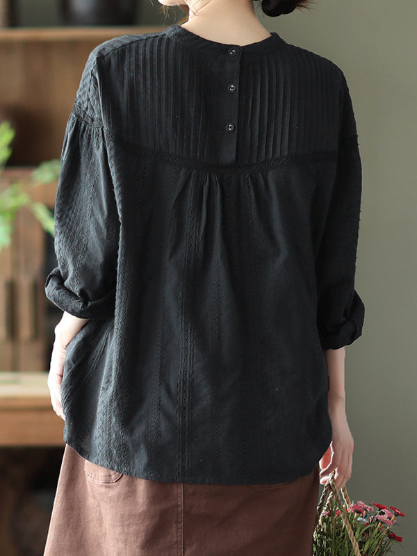 Artistic Retro Loose Solid Color Lace Hollow Long Sleeves T-Shirt Top