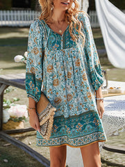 A-Line Loose Contrast Color Flower Print Pleated V-Neck Mini Dresses