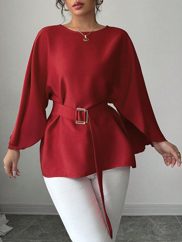 Split-Joint Tied Waist Batwing Sleeves Round-Neck Blouses&Shirts Tops