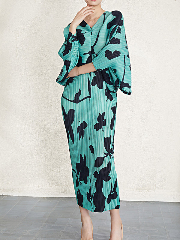 Pleated Printed Batwing Sleeves Loose V-Neck Midi Dresses
