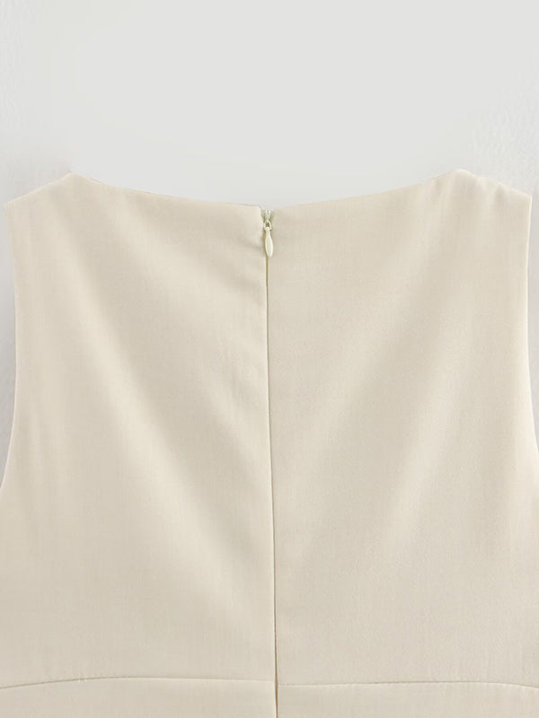 Pleated Solid Color Split-Joint Zipper A-Line Loose Round-Neck Mini Dresses