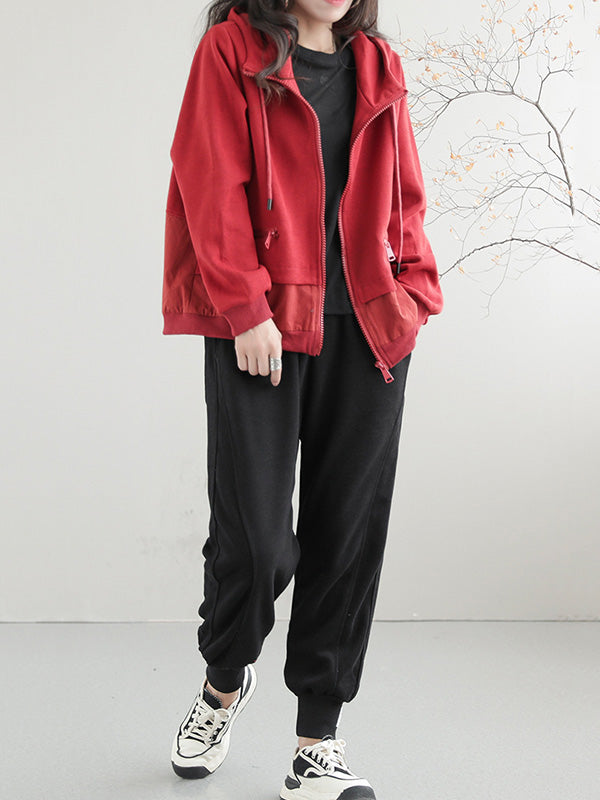 Artistic Retro Loose Long Sleeves Solid Color Zipper Hooded Outerwear