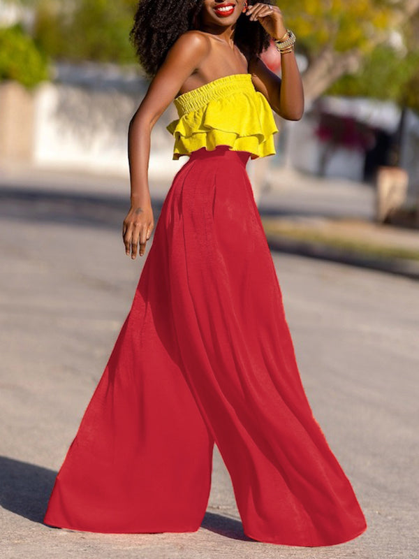 Pleated Pockets Shiny Solid Color High Waisted Loose Trousers Pants