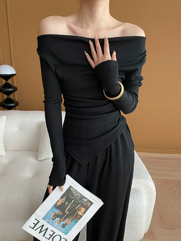 Asymmetric Solid Color Long Sleeves Off-The-Shoulder Shirts Top + High Waisted Pants Bottom Two Pieces Set