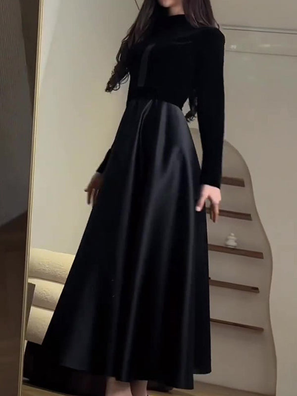 Pleated Split-Joint Zipper A-Line Long Sleeves Mock Neck Maxi Dresses