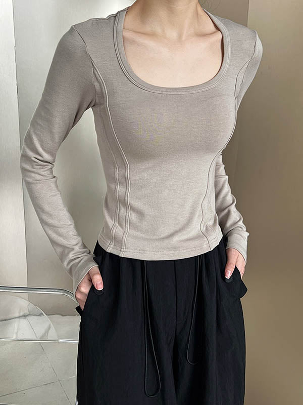 Solid Color Split-Joint Long Sleeves Skinny Round-Neck T-Shirts