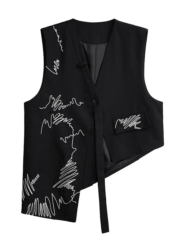 Asymmetric Buttoned Embroidered Sleeveless V-Neck Vest Top